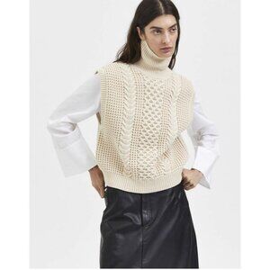 Selected Femme Women's Ivory Cable-Knit Sleeveless Turtleneck Vest M